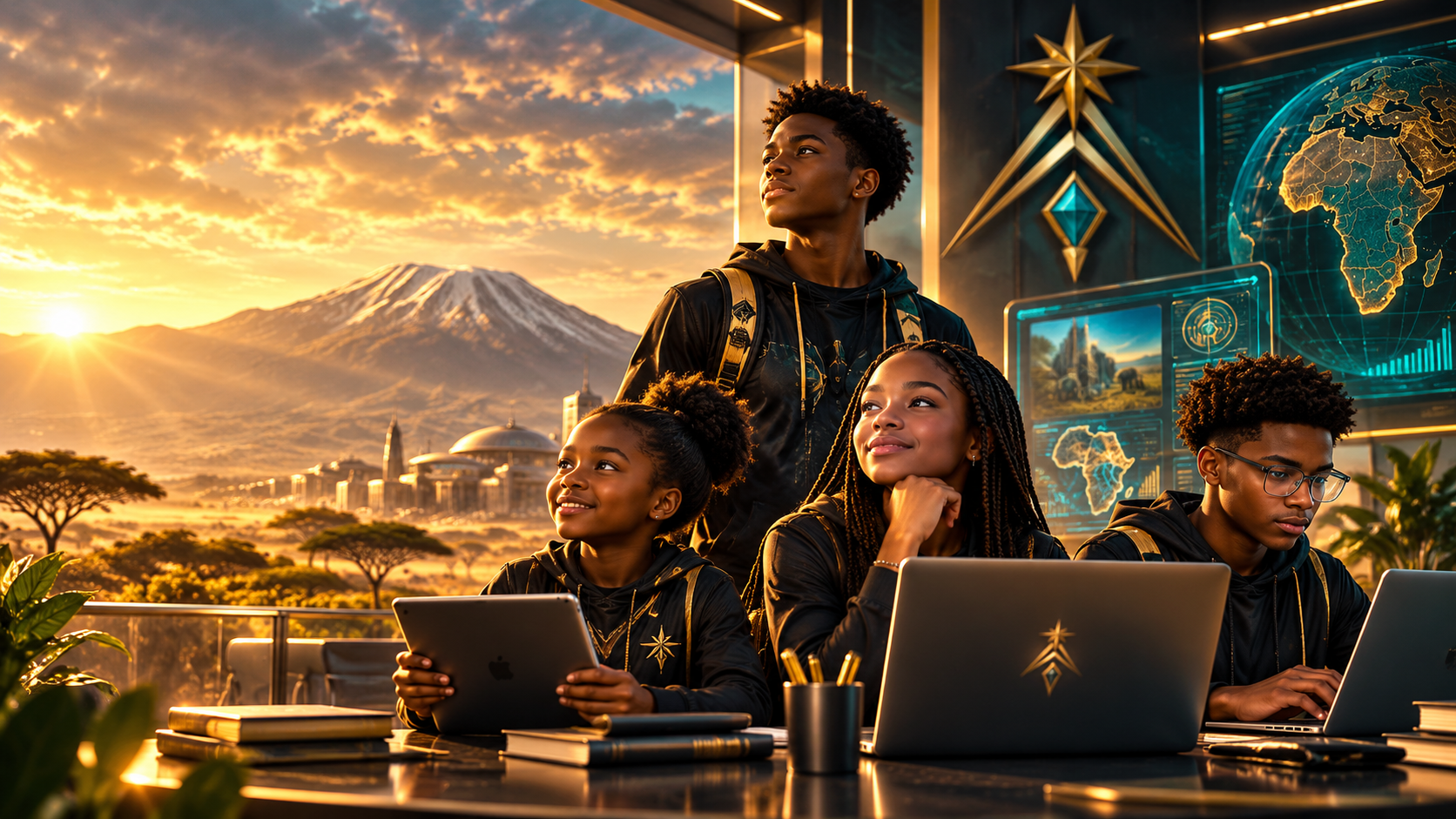 African-American students using laptops and tablets in a PEAK World learning environment