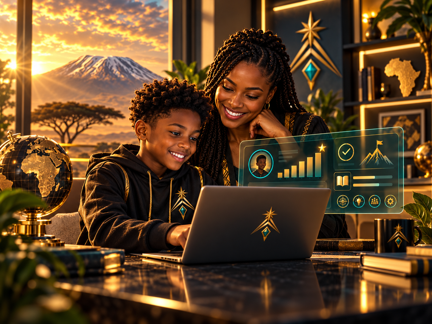 African-American parent helping a child review PEAK World progress on a laptop